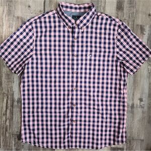 American Eagle Shirt Mens Large Blue Pink Button Up Check Slim Fit Short Sleeve